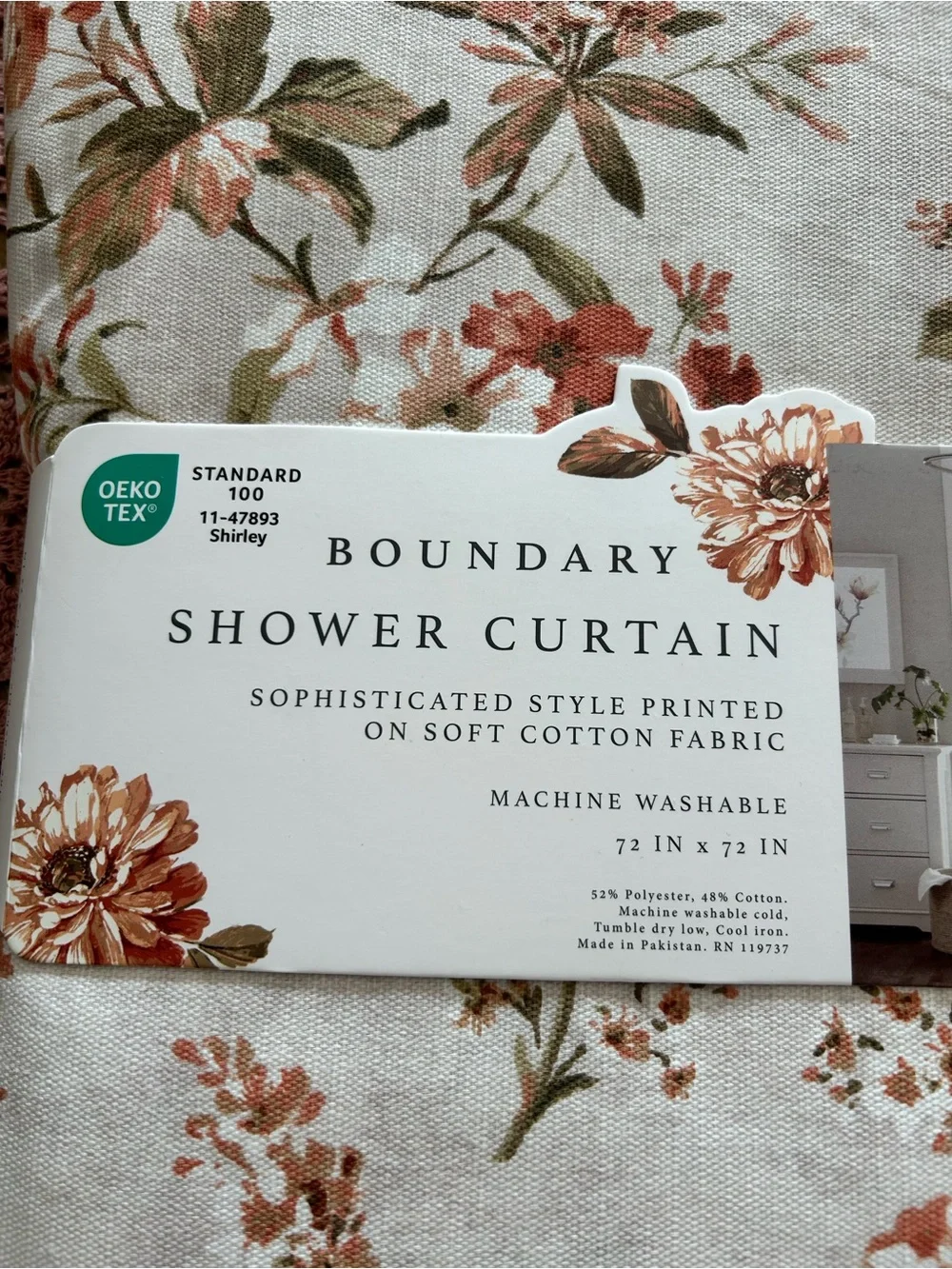 New in packaging  faux linen with floral print shower curtain
